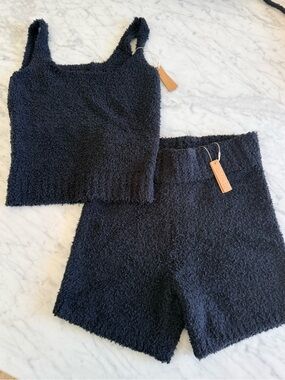 SKIMS Black Fuzzy Tank & High-Waist Shorts Set